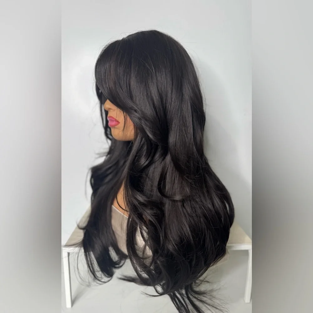 Long Black Layered Synthetic Wig – Natural Jet Black, Curtain Bangs